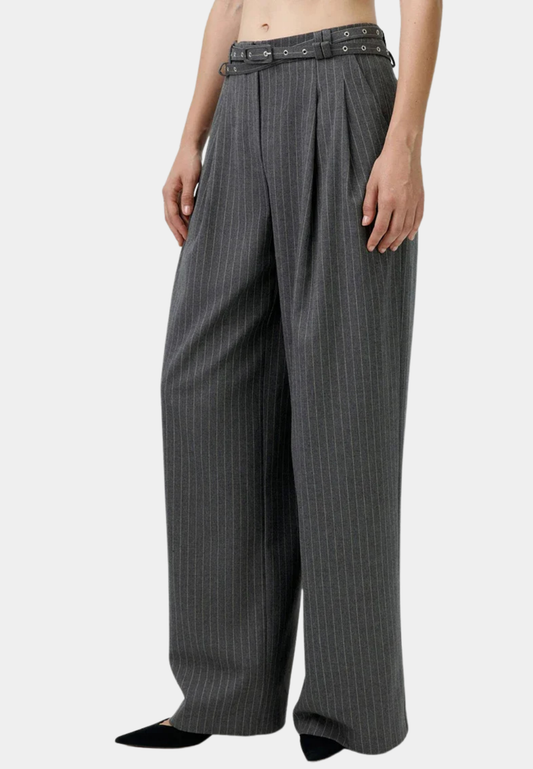 GRAY STRIPED WIDE-LEG PANTS