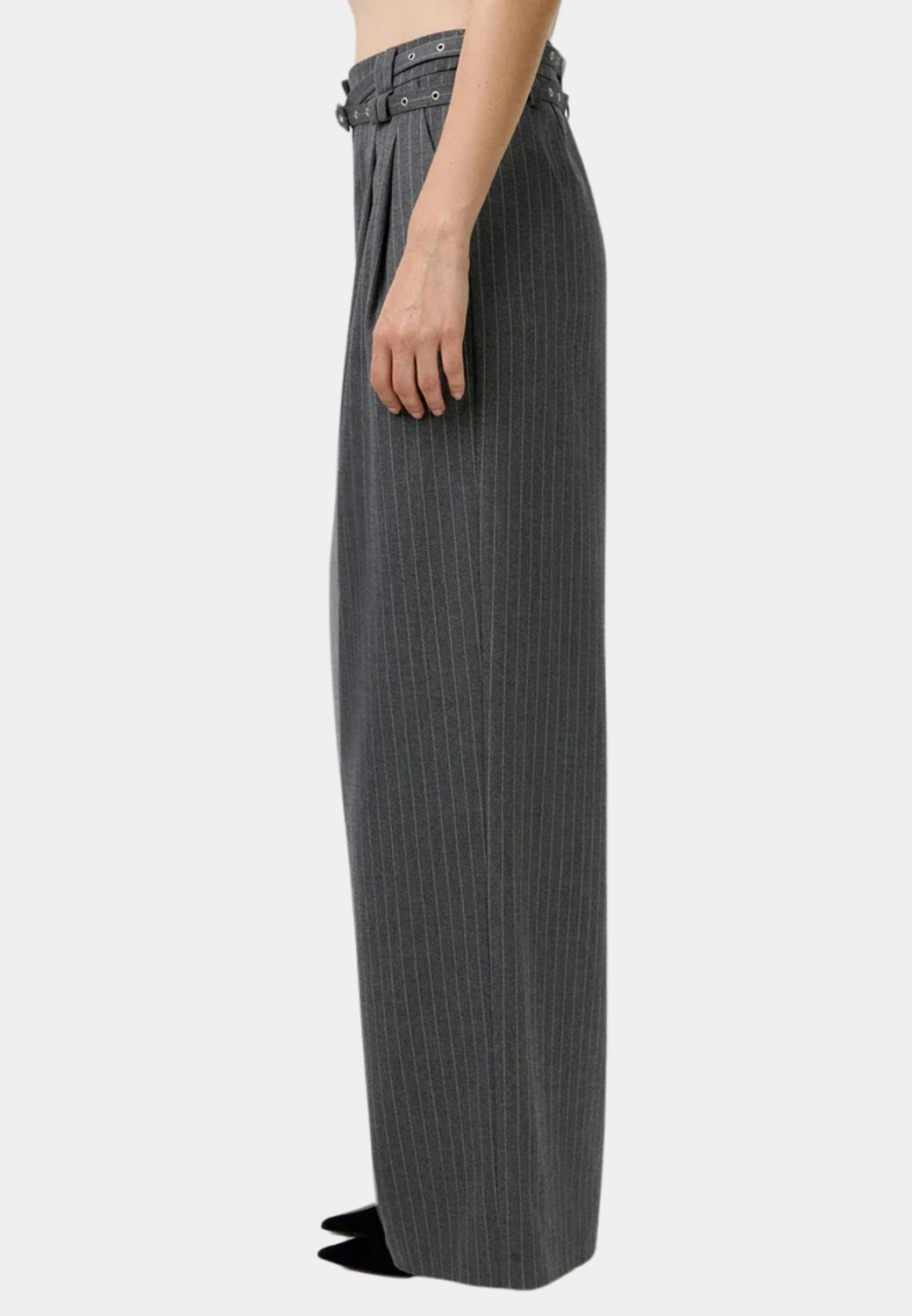 GRAY STRIPED WIDE-LEG PANTS