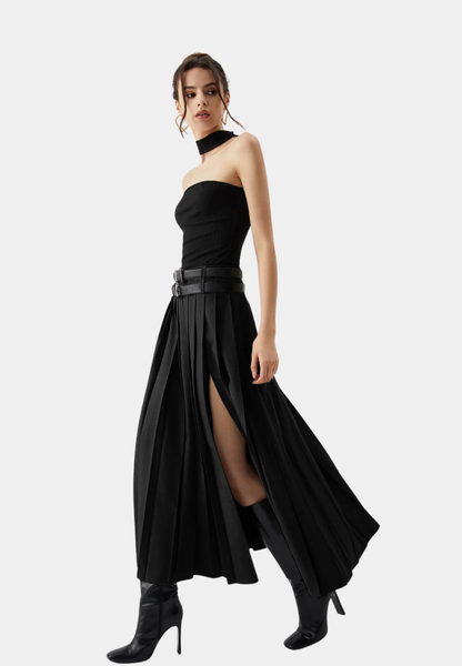 BELTED PLEATED MAXI SKIRT