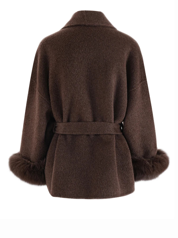 BELTED WOOL COAT WITH FUR PUFF SLEEVE