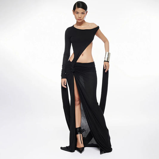 BACKLESS MESH MAXI DRESS WITH HIGH SLIT