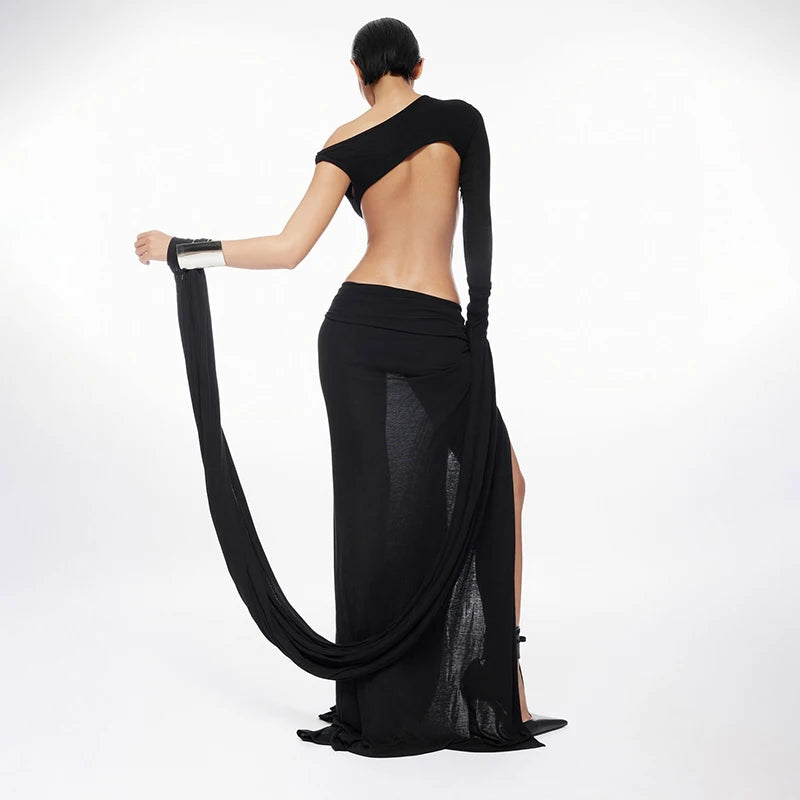 BACKLESS MESH MAXI DRESS WITH HIGH SLIT