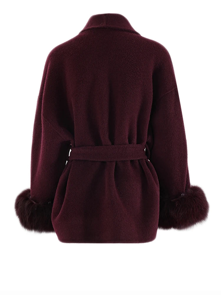 BELTED WOOL COAT WITH FUR PUFF SLEEVE