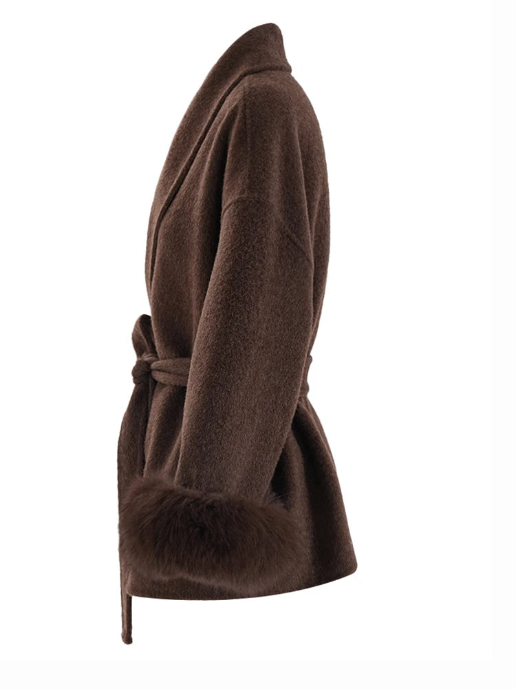 BELTED WOOL COAT WITH FUR PUFF SLEEVE