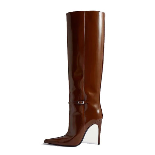 BROWN KNEE HIGH HEEL BOOT