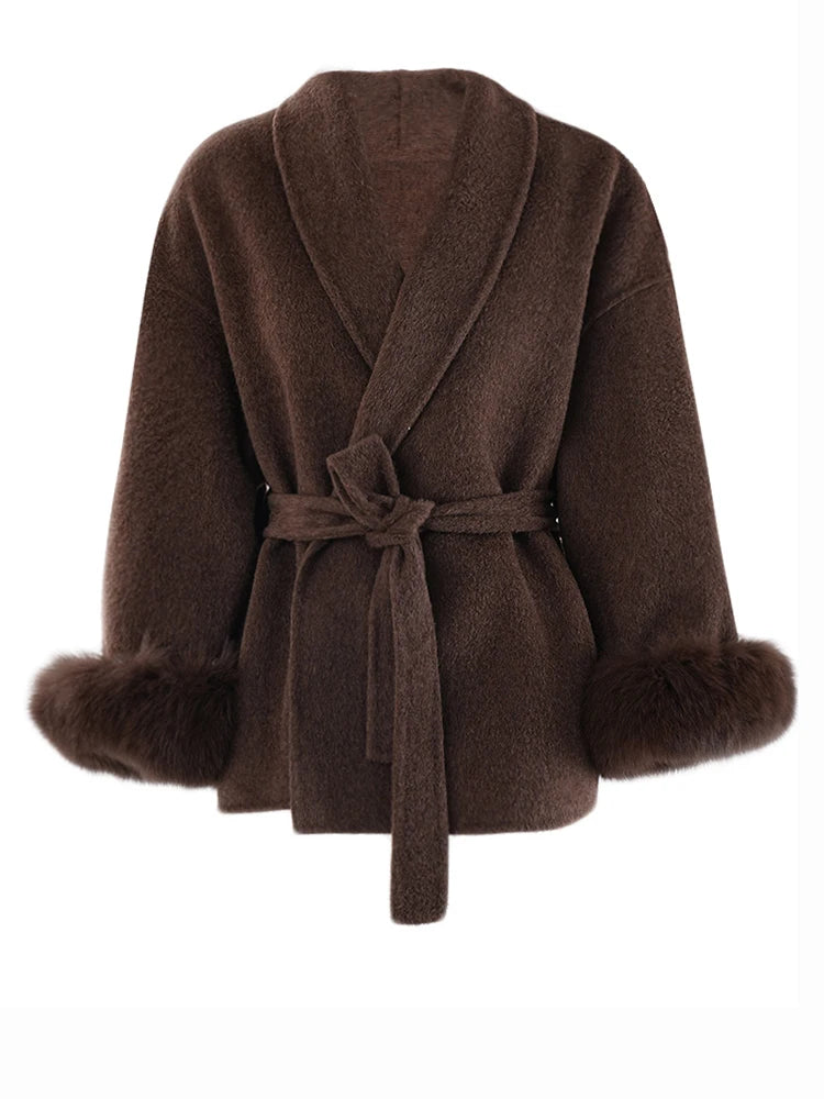 BELTED WOOL COAT WITH FUR PUFF SLEEVE