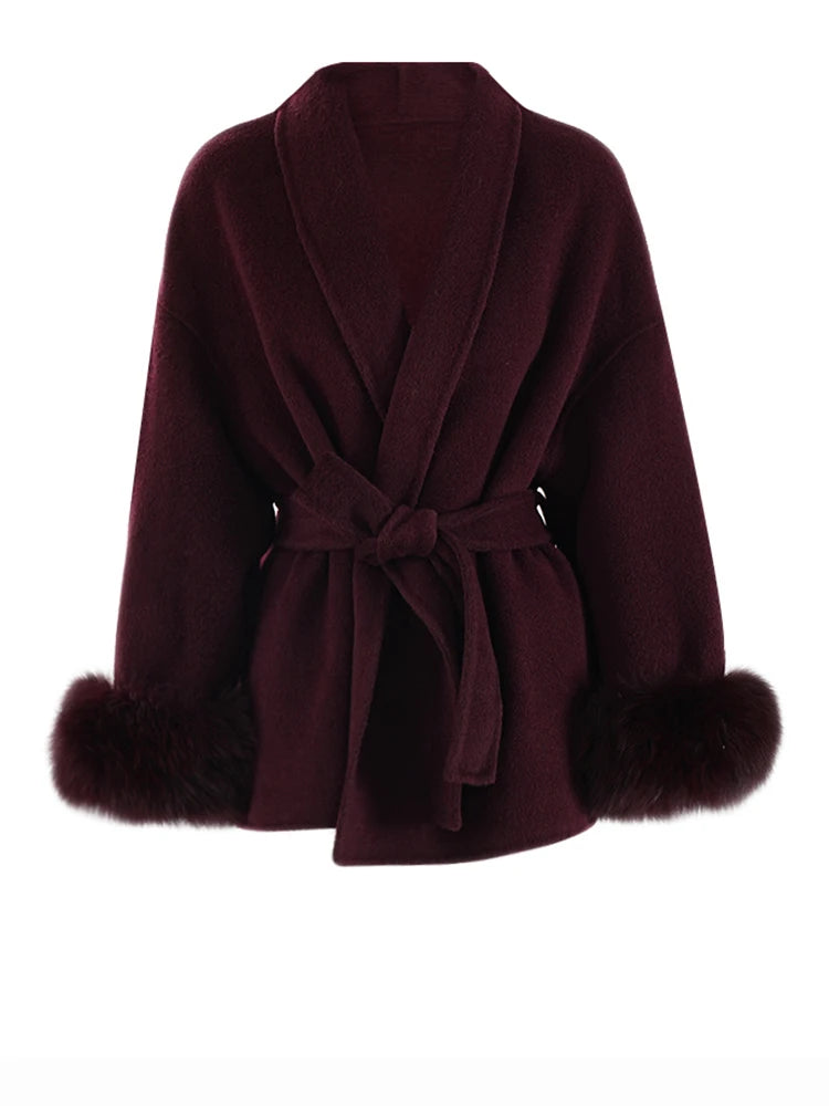 BELTED WOOL COAT WITH FUR PUFF SLEEVE